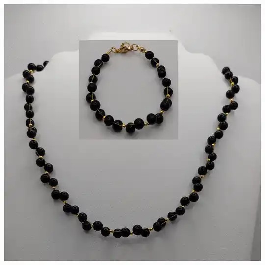 Glasparels sieraden set zwart goud - ketting en armband