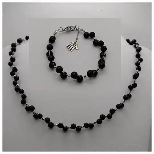 Glasparels sieraden set zwart zilver met hamsa bedel - ketting en armband