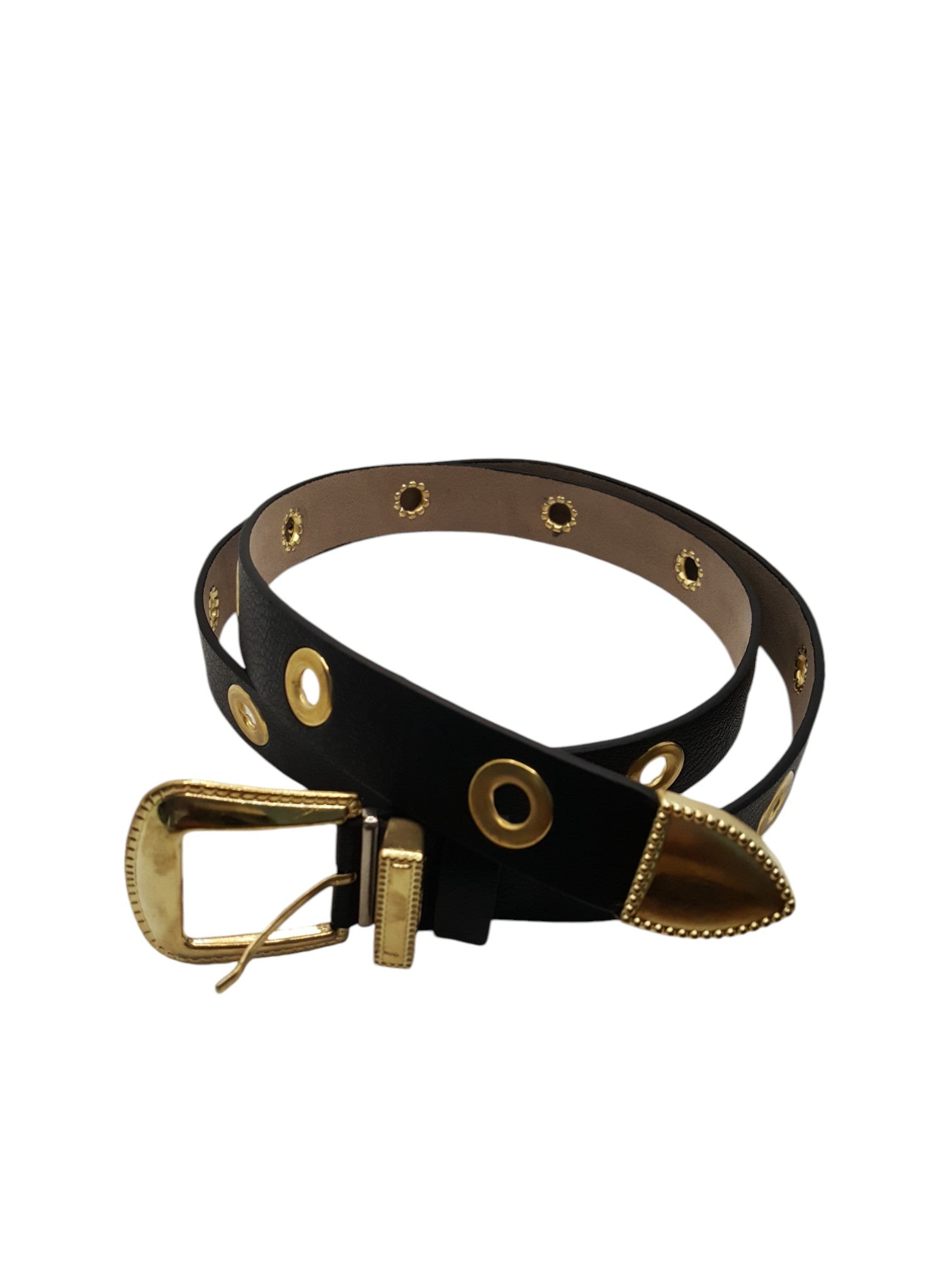 Damesriem Zwart Kunstleer Gouden Western Gesp Oogjes 123cm