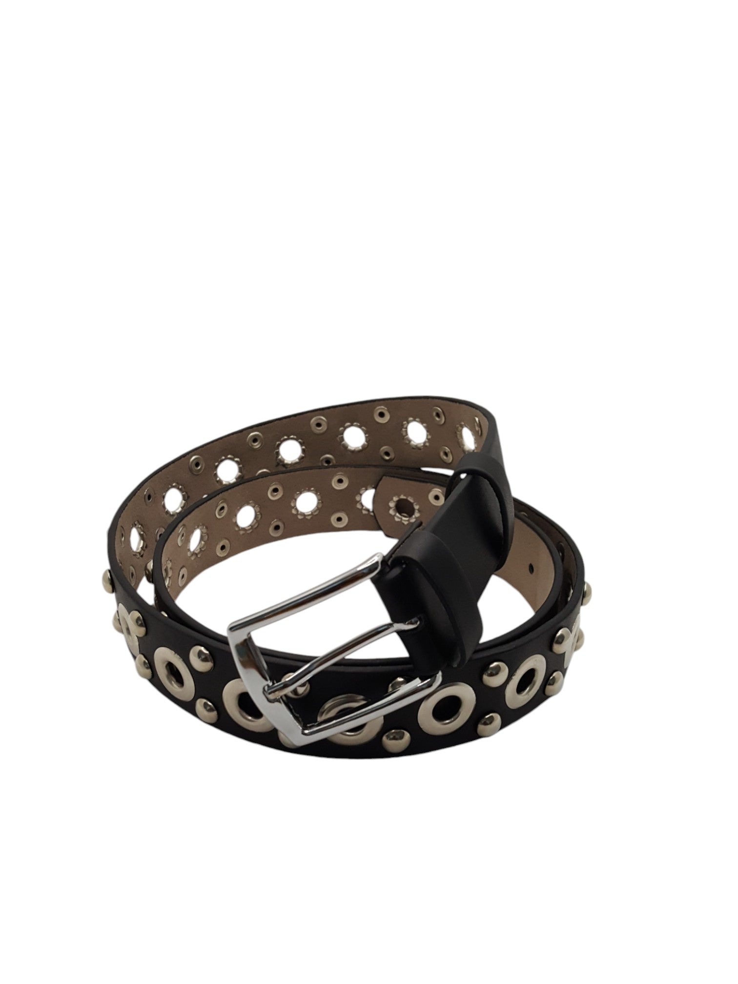 Damesriem Zwart Kunstleer Zilveren Studs Oogjes Zilveren Gesp 120cm