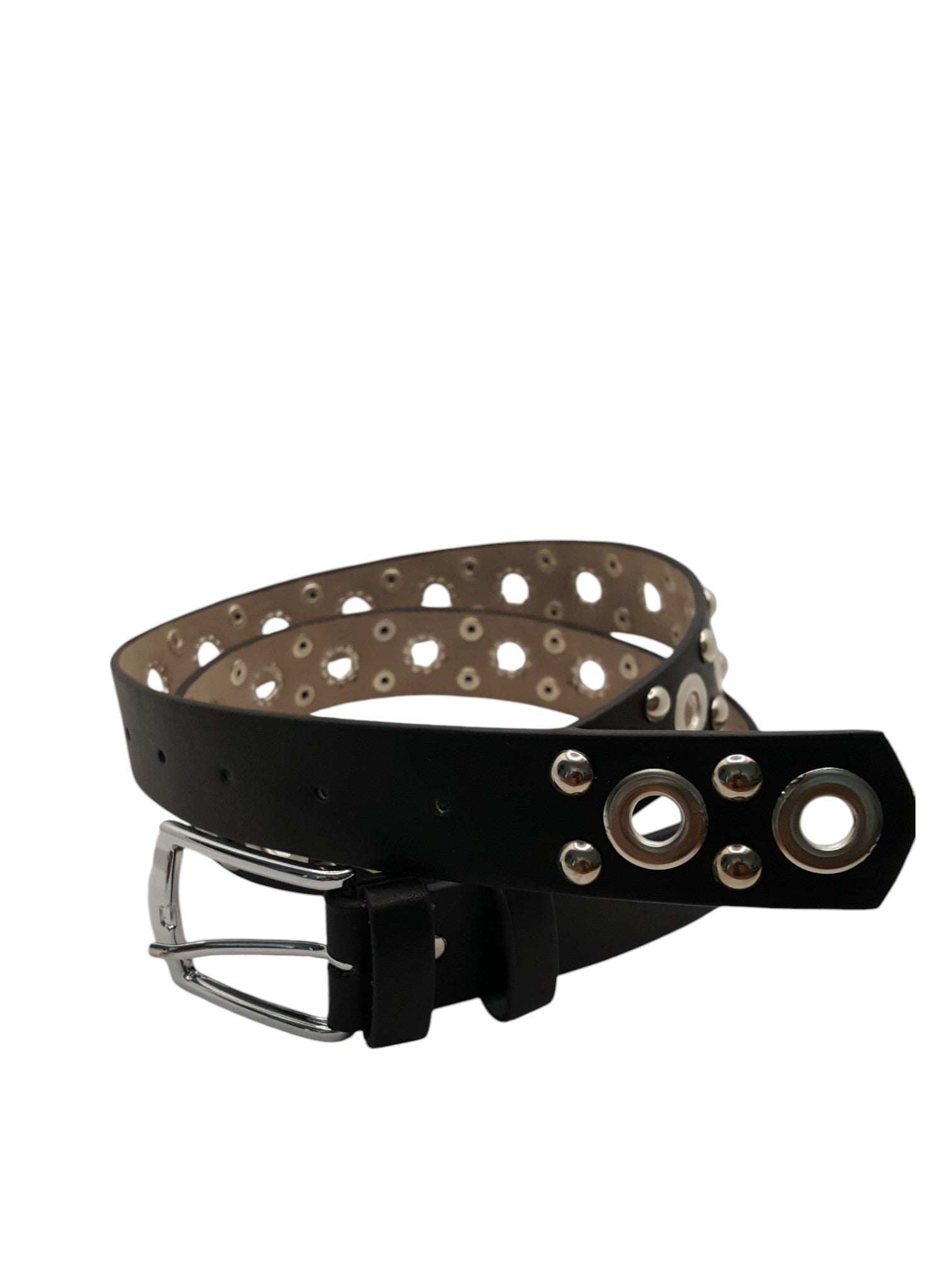Damesriem Zwart Kunstleer Zilveren Studs Oogjes Zilveren Gesp 120cm