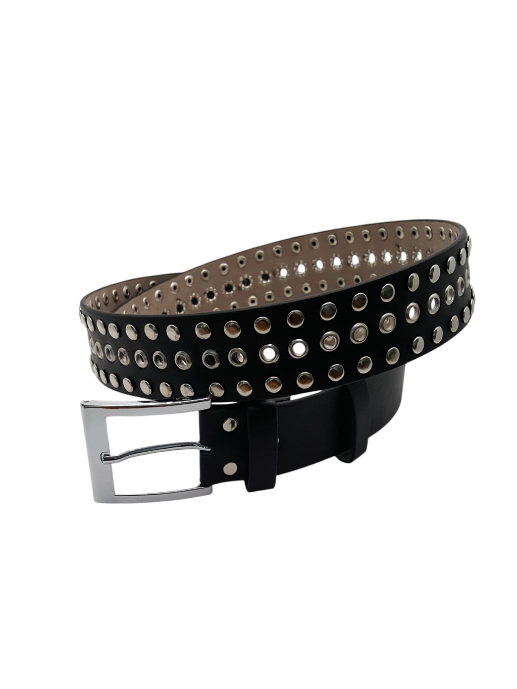 Damesriem Zwart Kunstleer 3 Rijen Zilveren Studs Zilveren Gesp 120cm