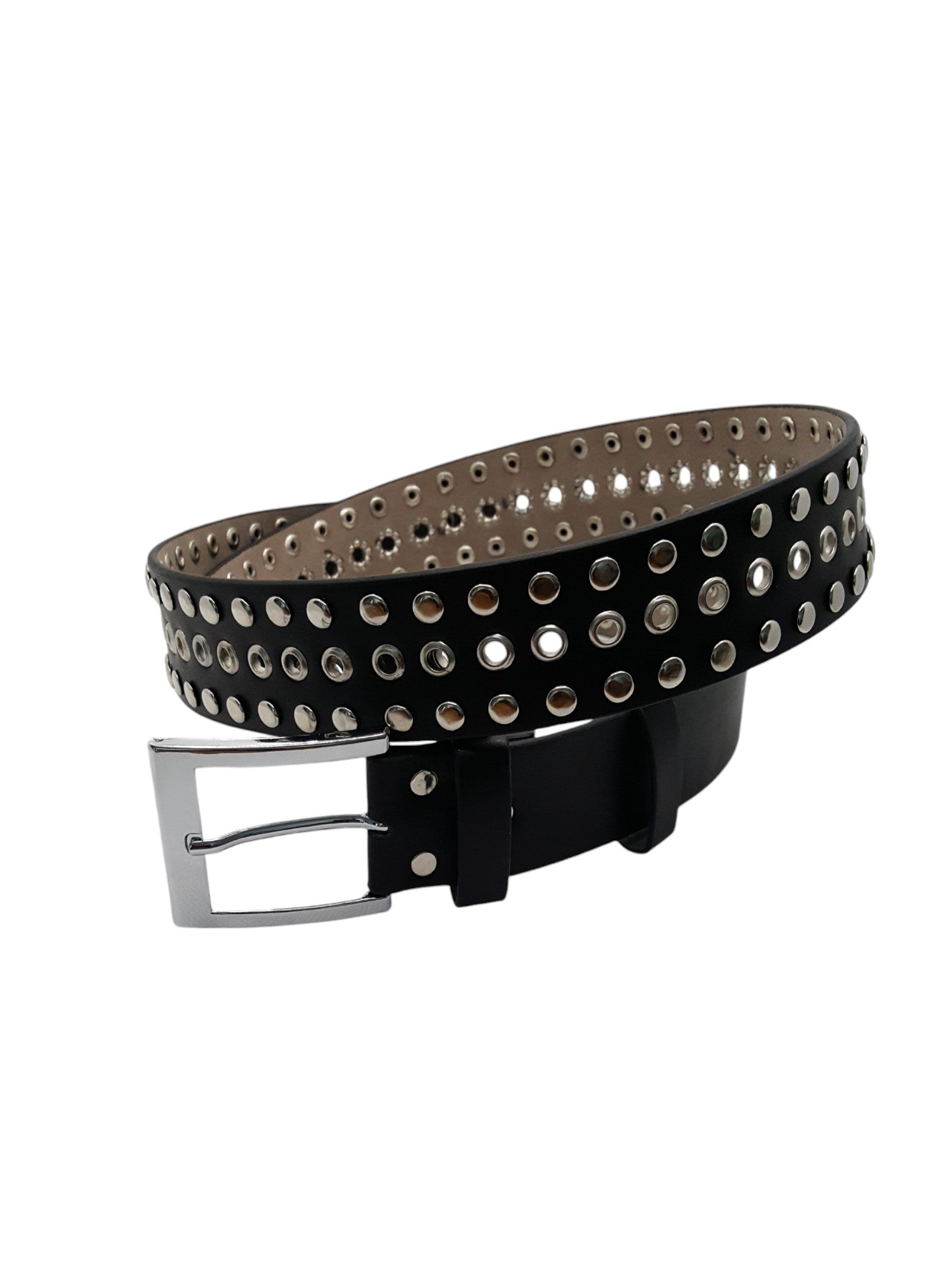 Damesriem Zwart Kunstleer 3 Rijen Zilveren Studs Zilveren Gesp 120cm