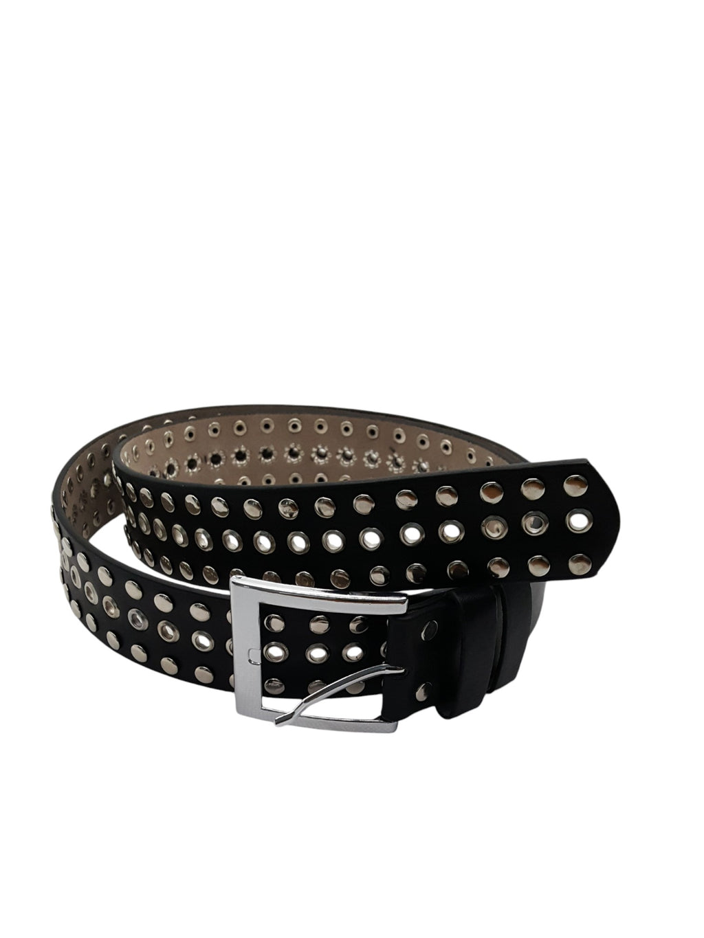 Damesriem Zwart Kunstleer 3 Rijen Zilveren Studs Zilveren Gesp 120cm