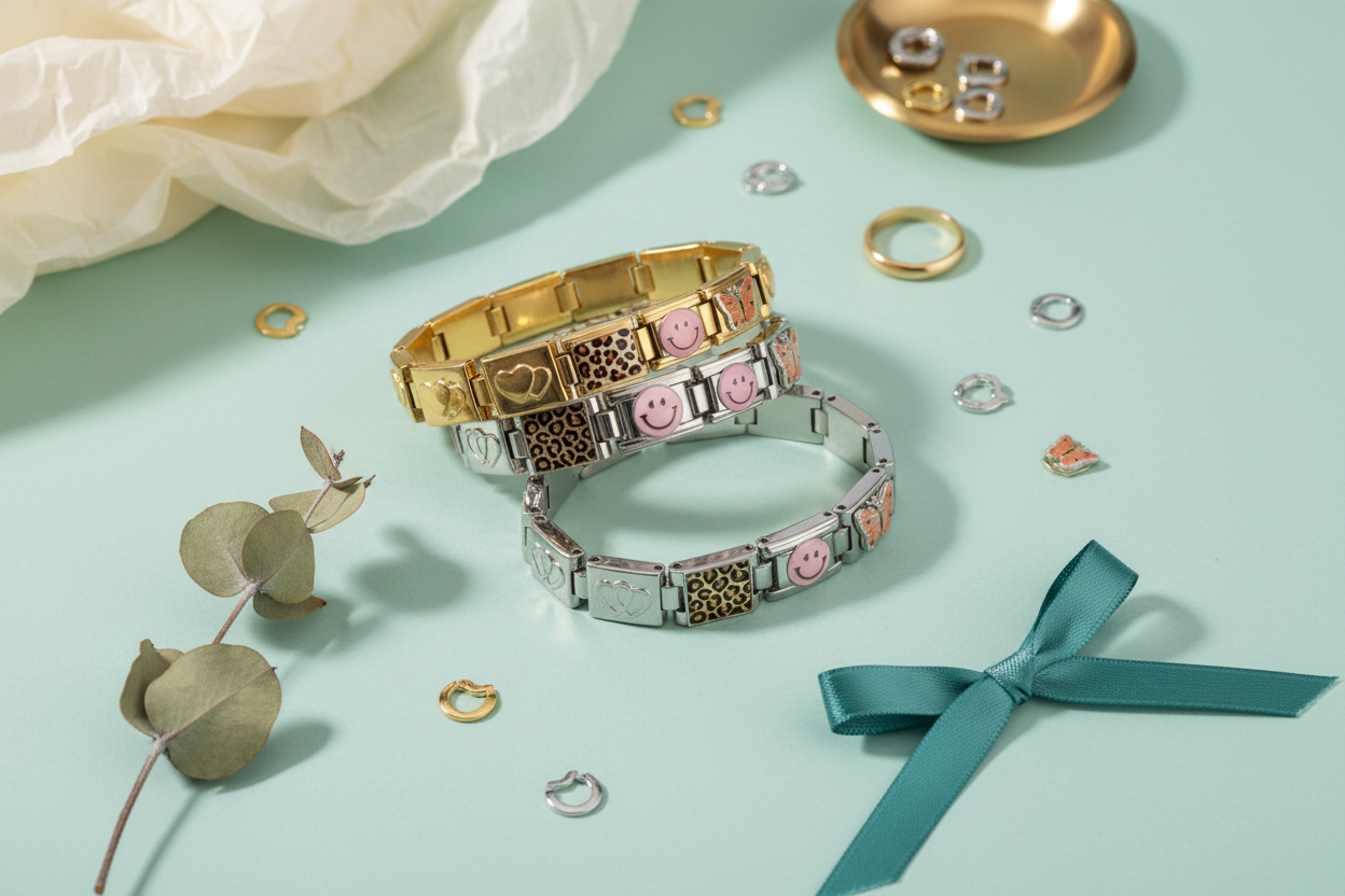 Flatlay drie Italian charm armbanden collectie