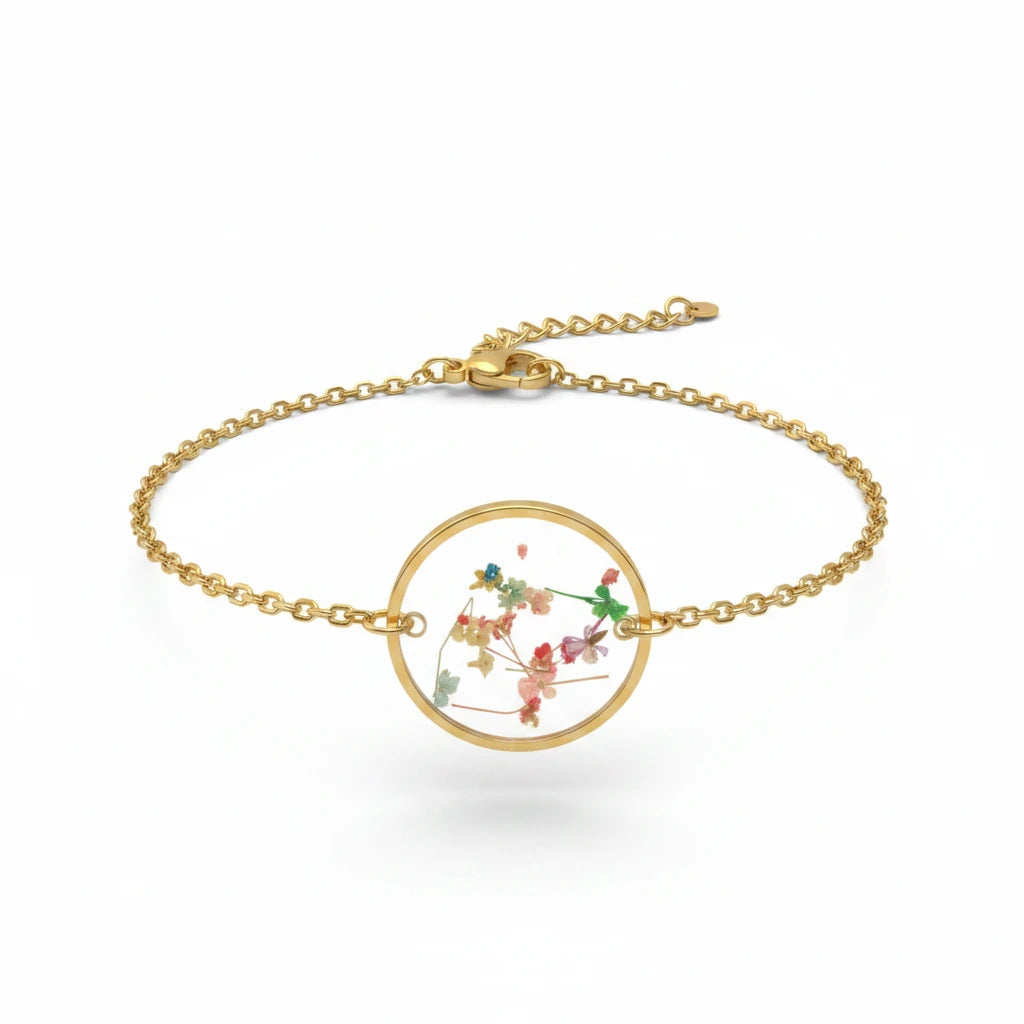 Gedroogde bloemen gouden armband 17+5cm